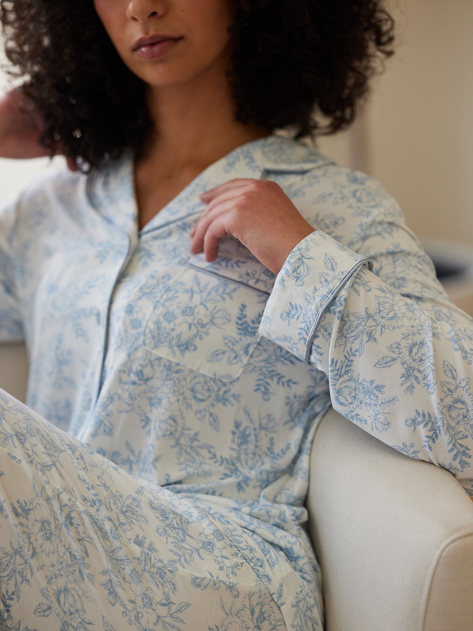 Sky Toile@woman wearing sky toile cozy earth pajamas