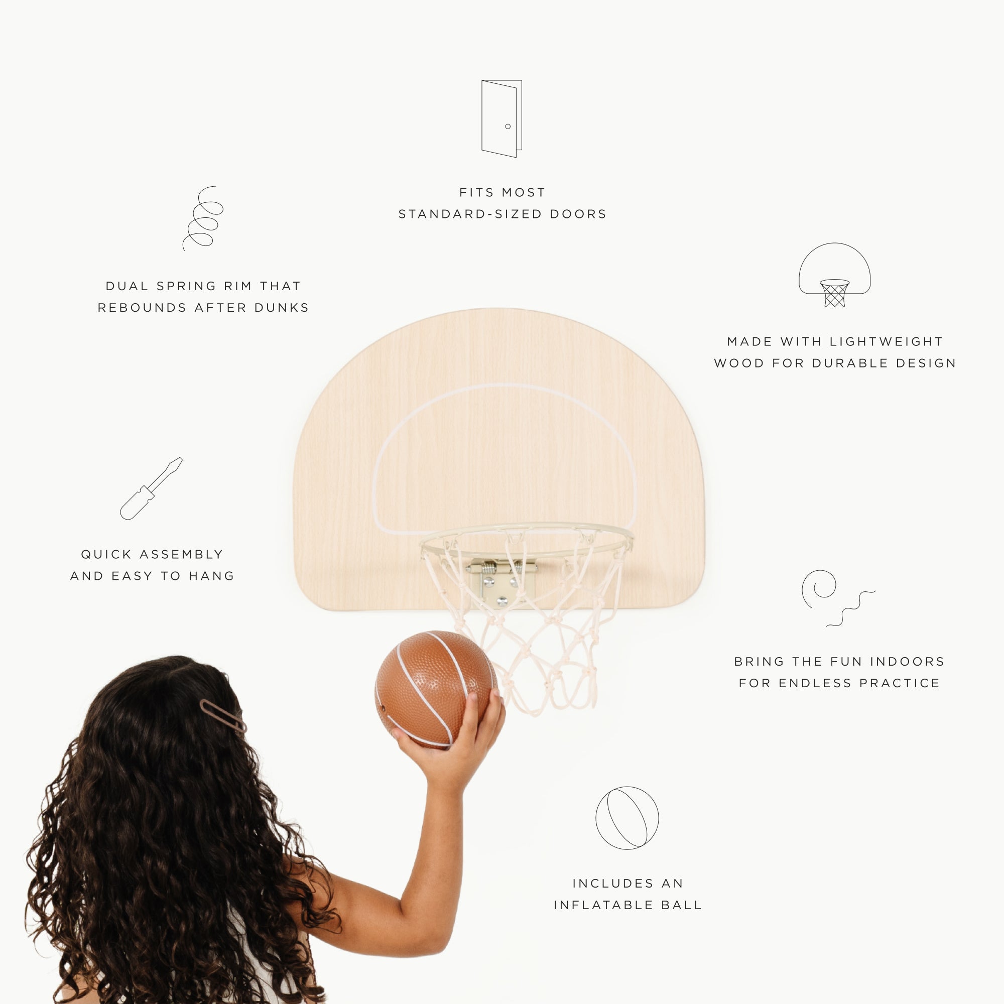 All@Gathre Doorway Basketball Hoop infographic with key callouts