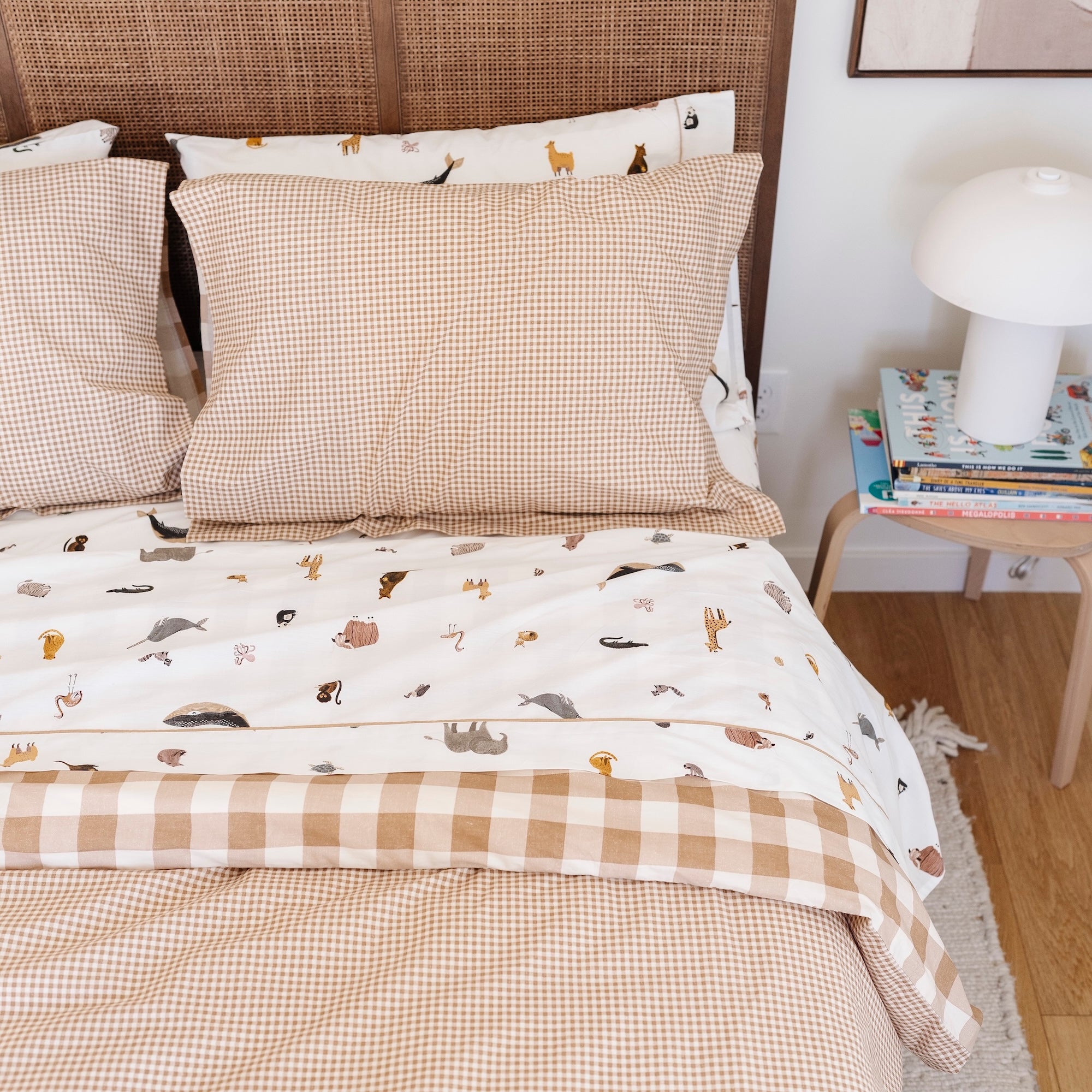 Tan Gingham@Kids cotton duvet cover set styled in a child’s bedroom