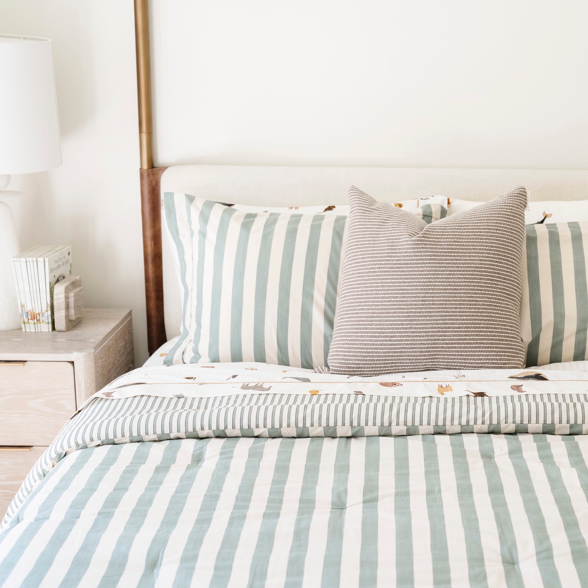 Agave Stripe@Kids cotton comforter set styled in a child’s bedroom