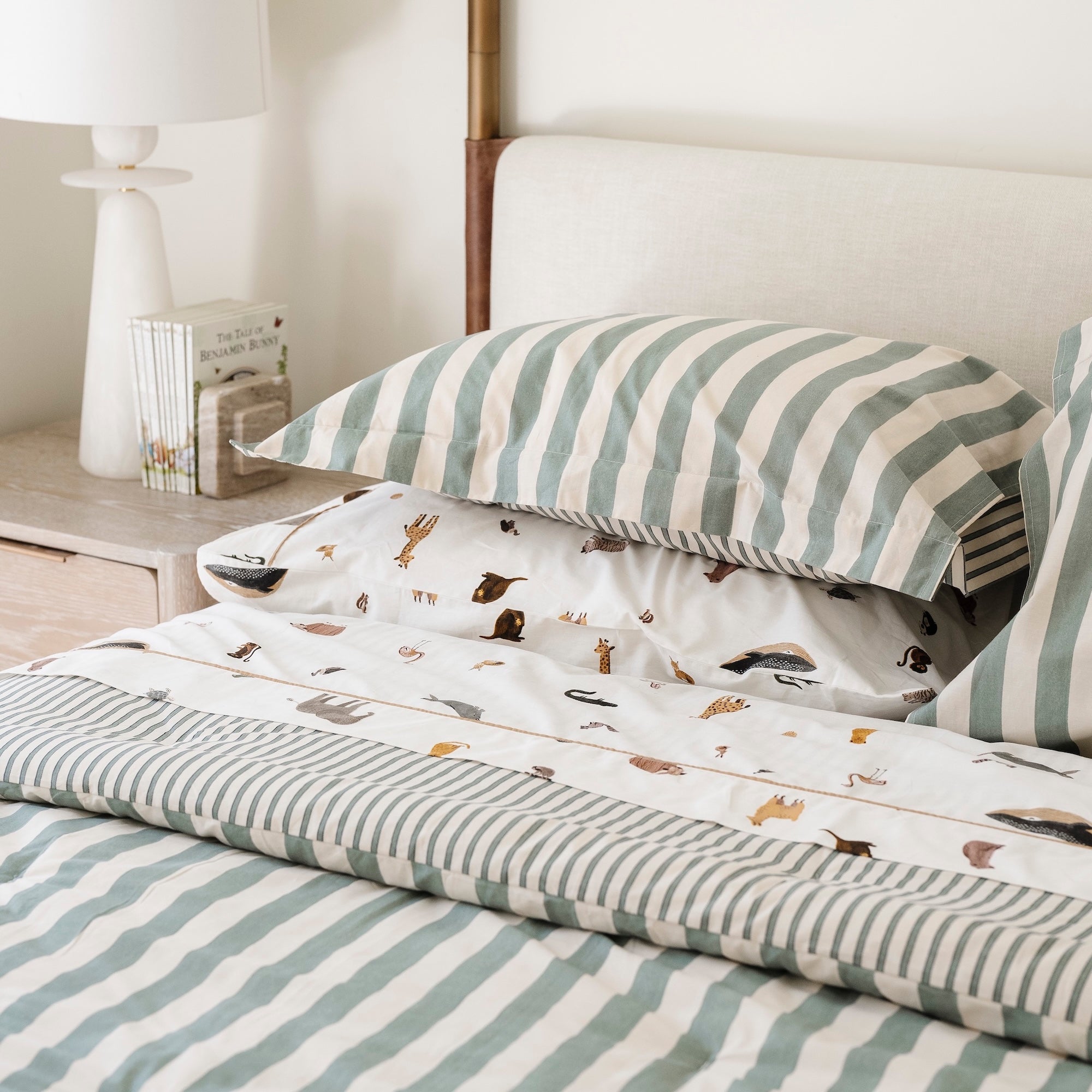 Agave Stripe@Kids cotton comforter set styled in a child’s bedroom