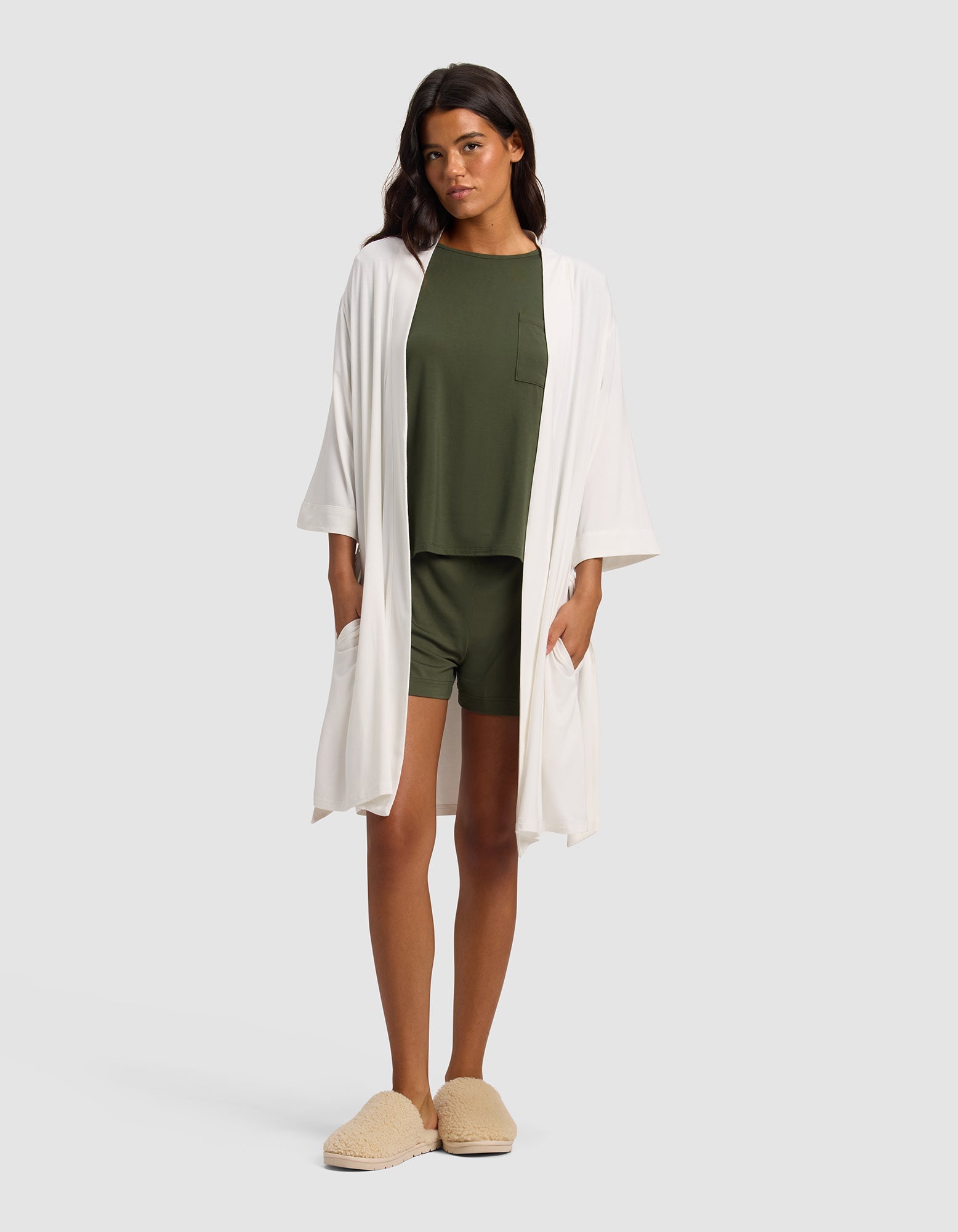 Ivory@woman wearing a Ivory cozy earth robe