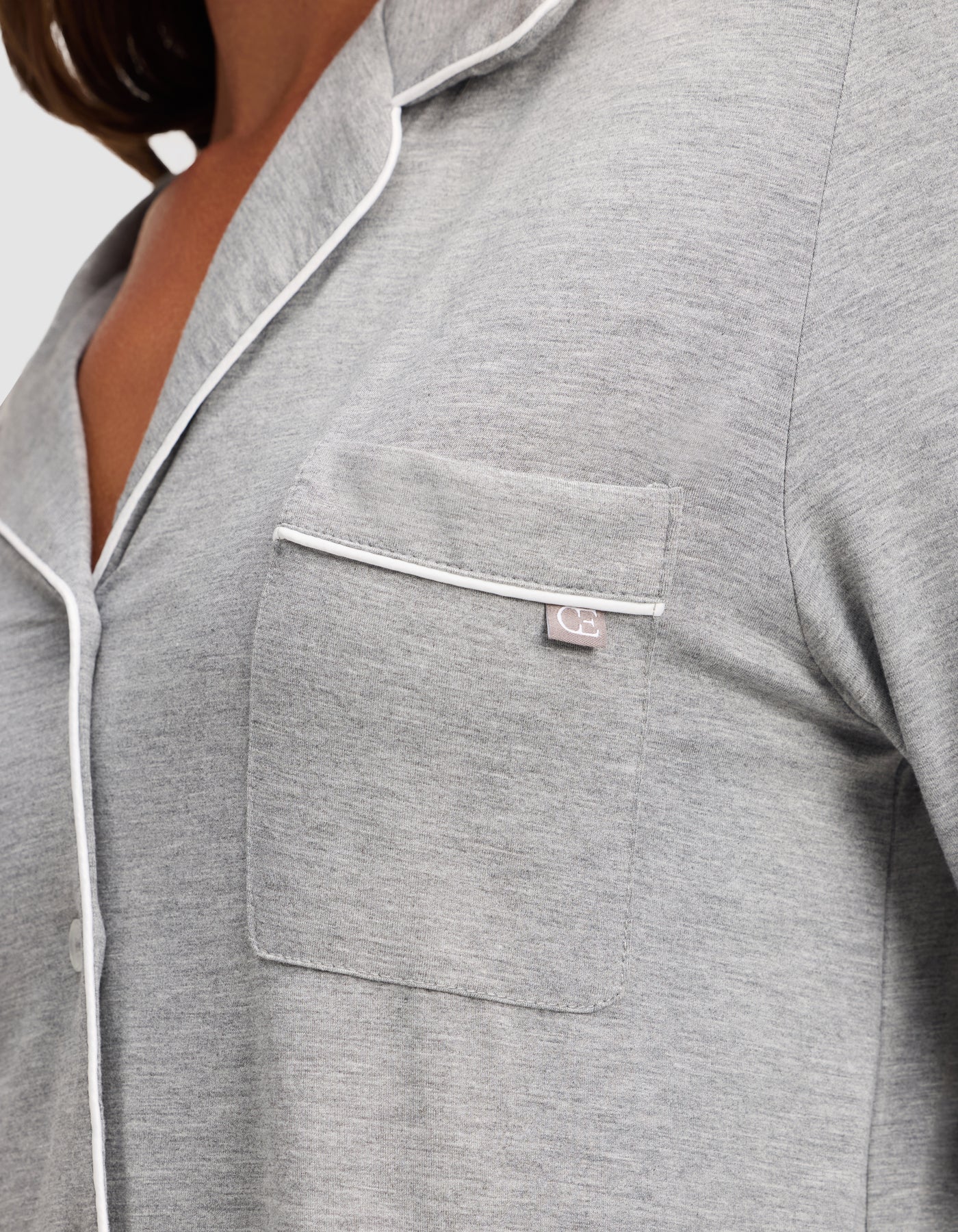 Grey@woman wearing grey cozy earth pajamas