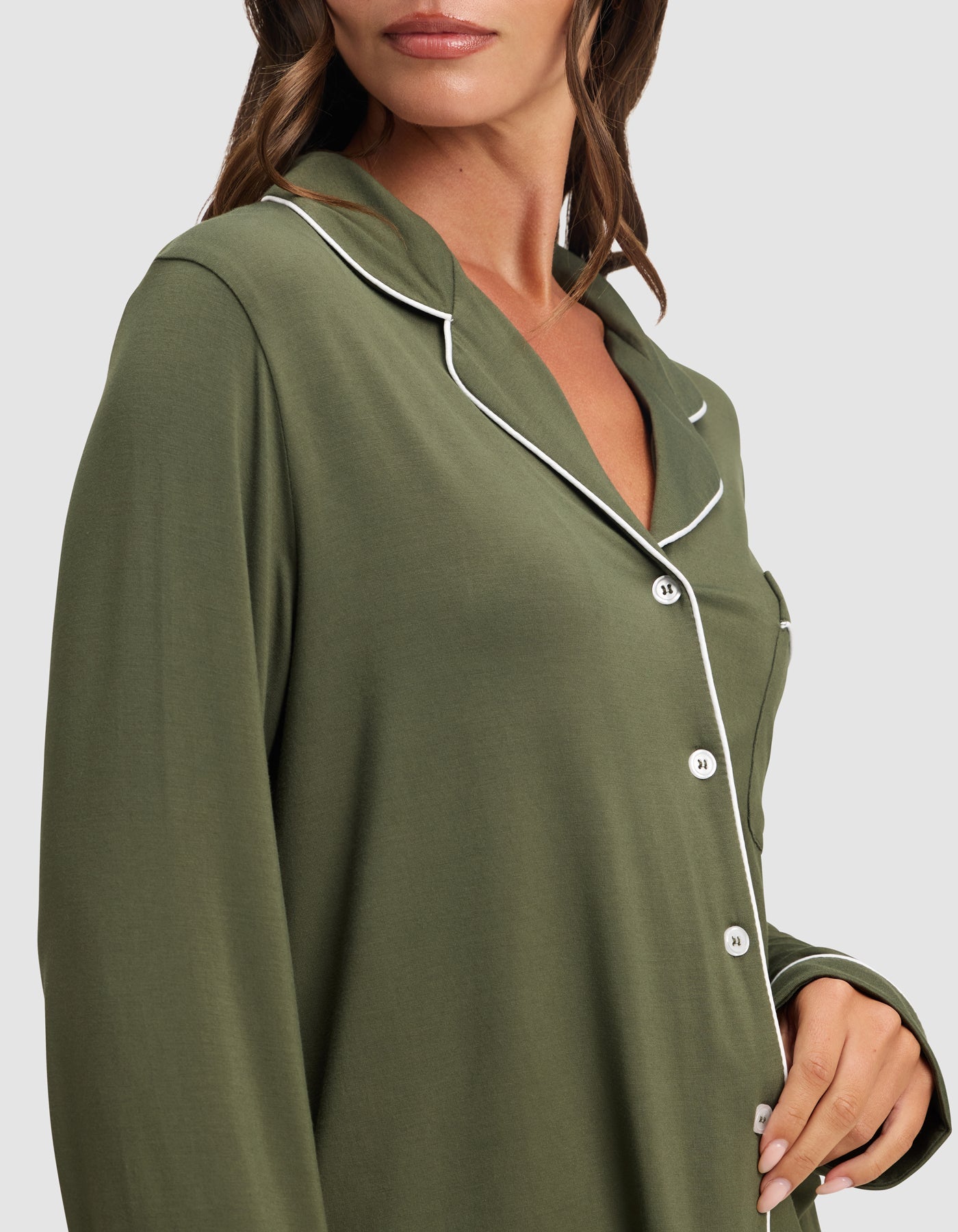 Olive@woman wearing olive cozy earth pajamas