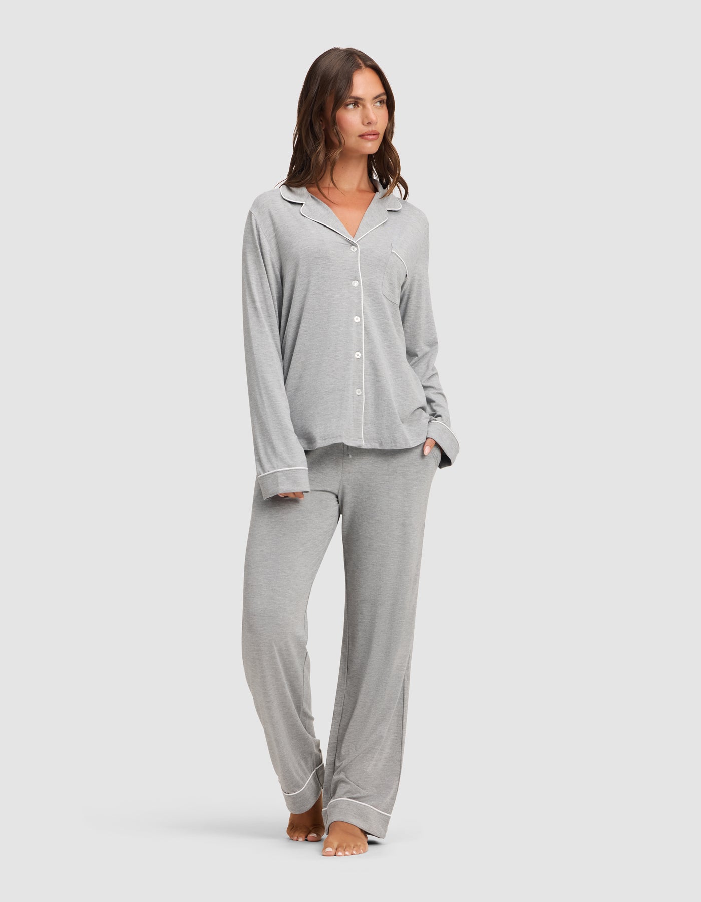 Grey@woman wearing grey cozy earth pajamas