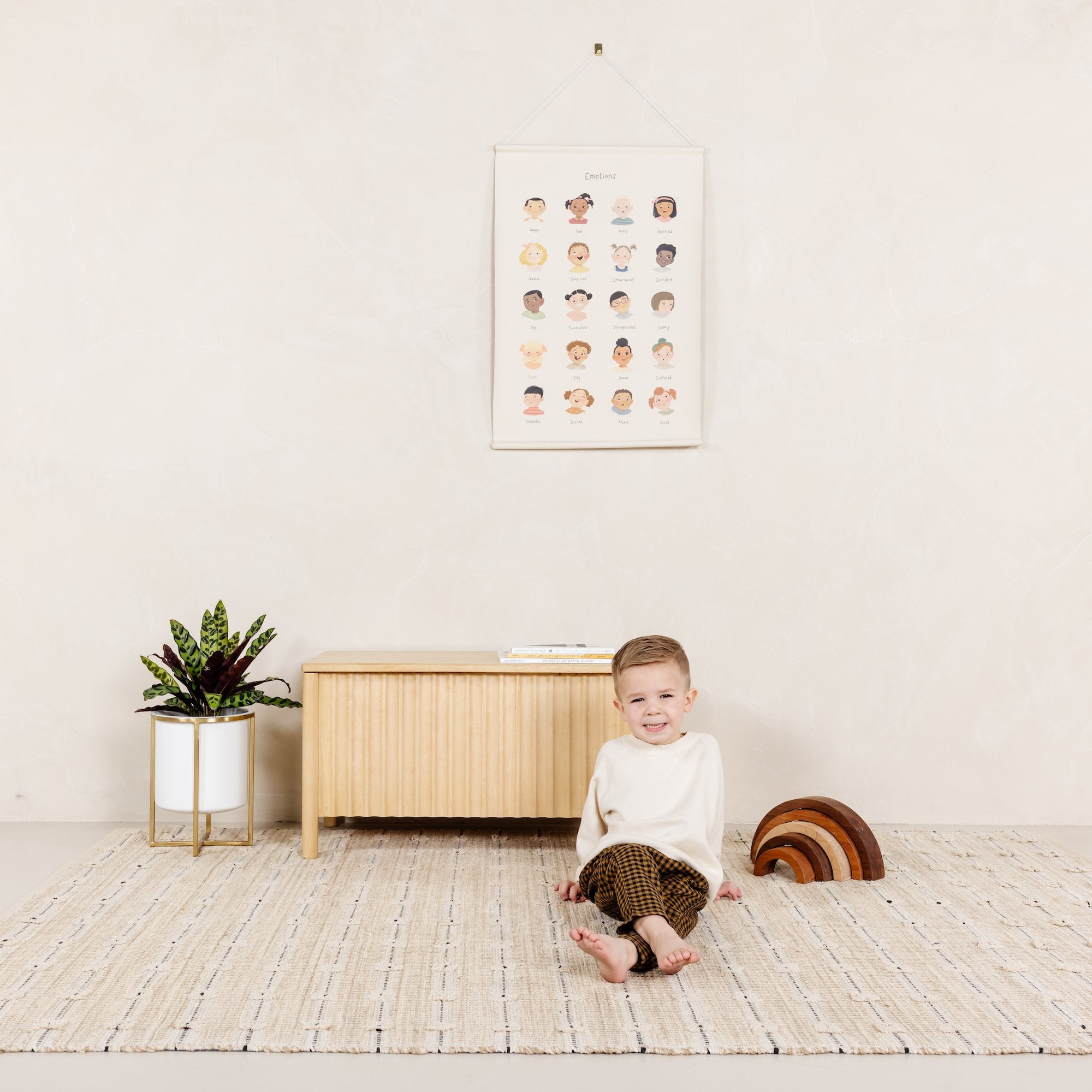 Emotions (on sale)@Emotions Poster handing in bedroom above little boy sitting on the floor