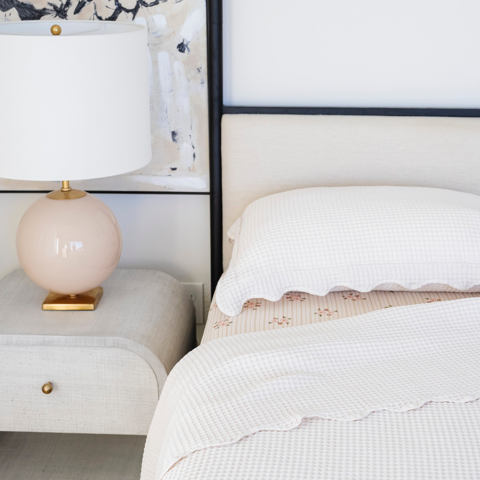 Ivory@Textured cotton waffle coverlet styled in a child’s bedroom