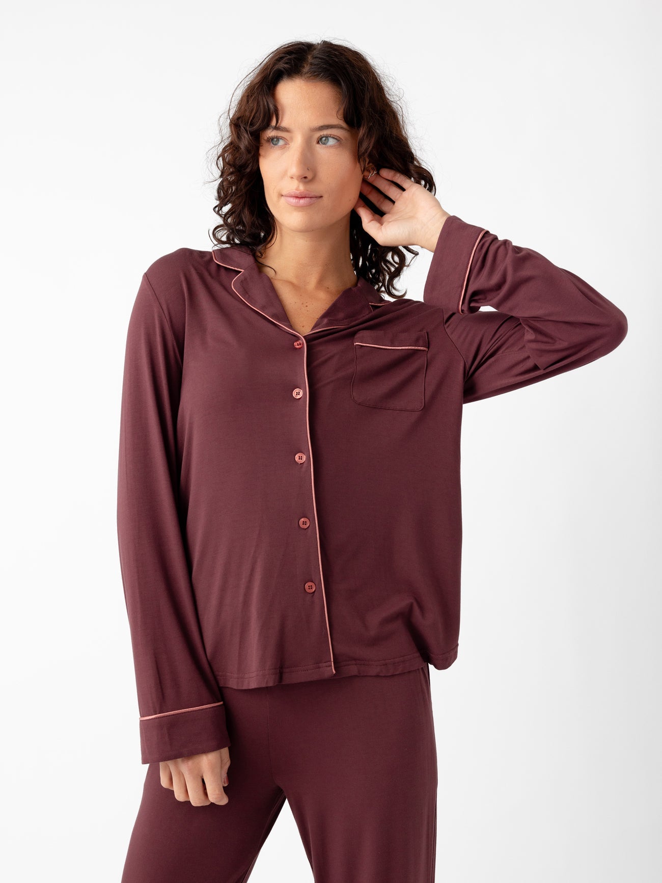 Burgundy@woman wearing burgundy cozy earth pajamas