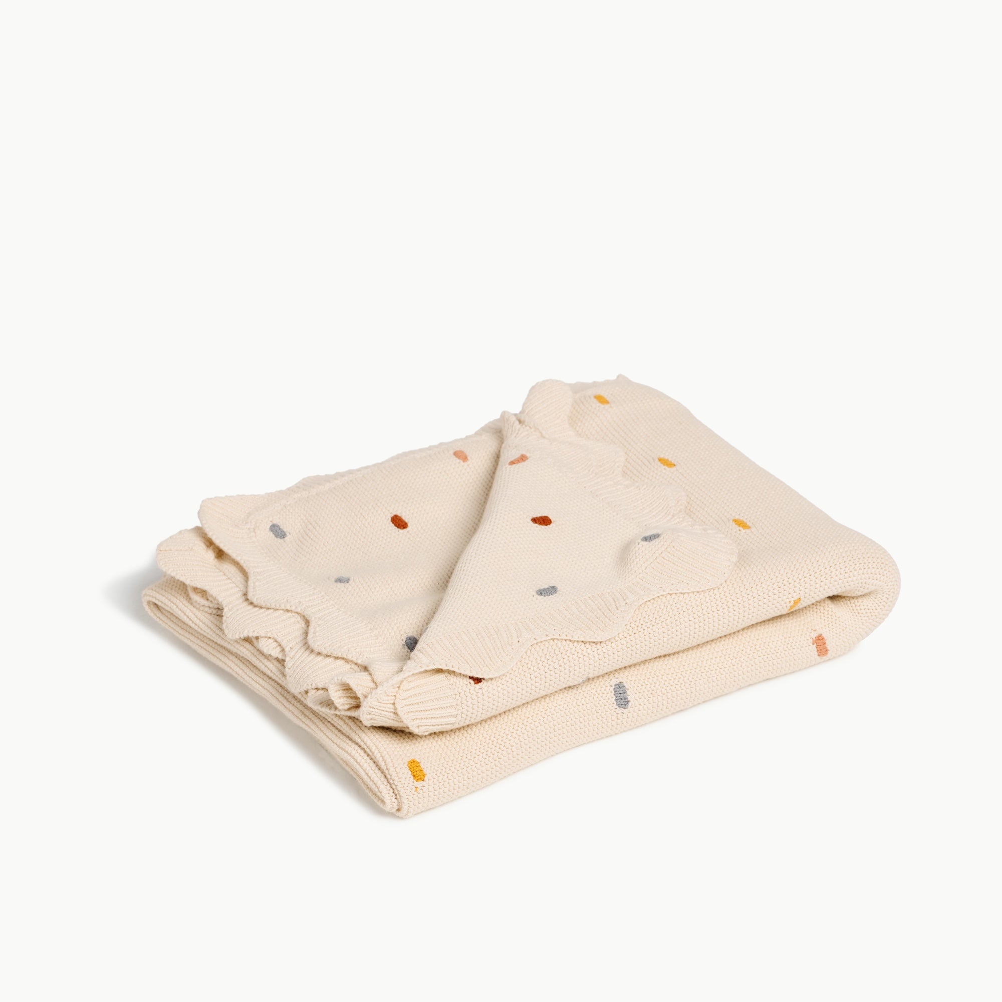 Ivory@Cotton knit throw blanket with dotted texture and scalloped edge