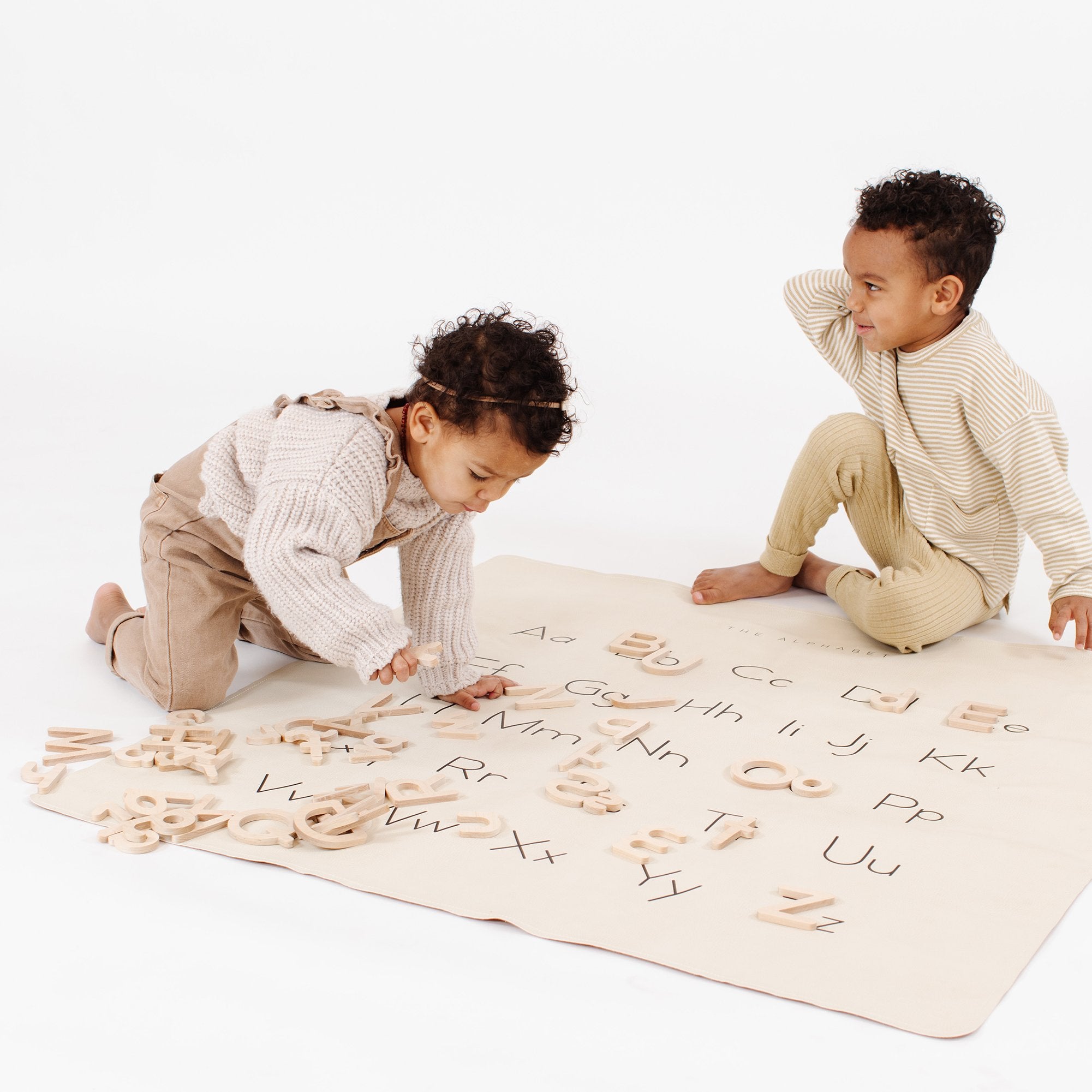Birch (on sale)@Kids playing with Wooden Letters on the Mini Alphabet Mat