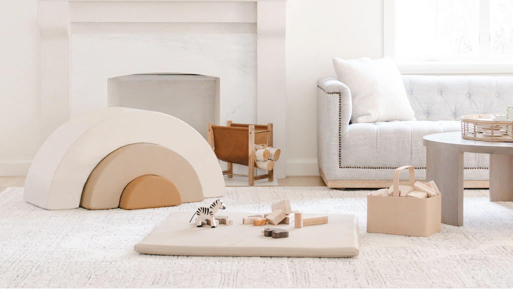 Gathre Arc Playset, Padded Mini Square, and Caddy in a living room.