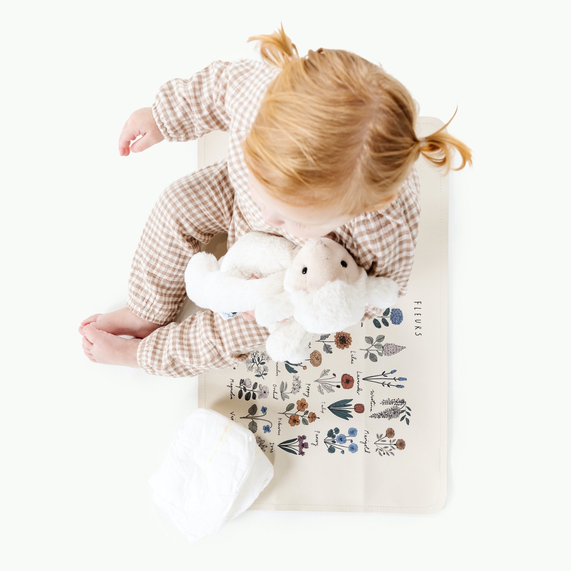 Fleurs@Overhead baby sitting on the Fleurs Micro mat 